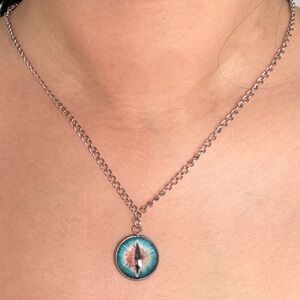 Blue/Brown Mythical Creature Cat Eye Silver Stainless Steel Chain Necklace